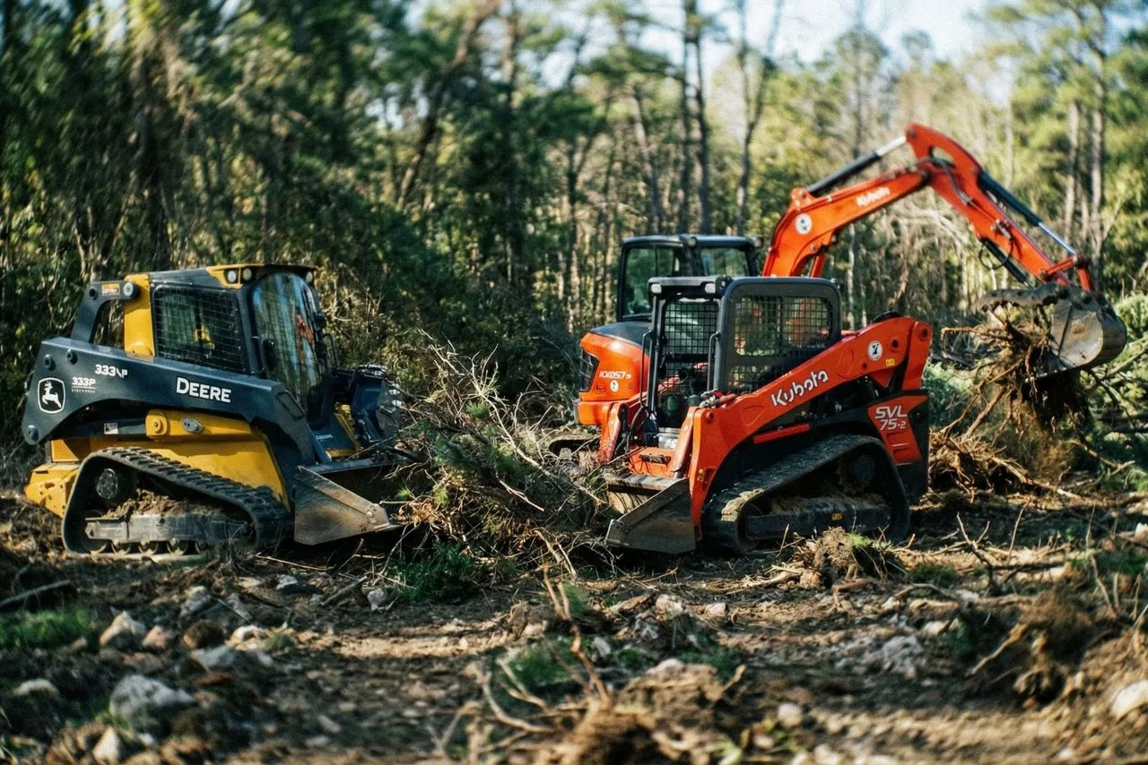 Skid steers and a mini excavator clearing land for Haggai Dump and Haul clearing and hauling services near Griffin, GA