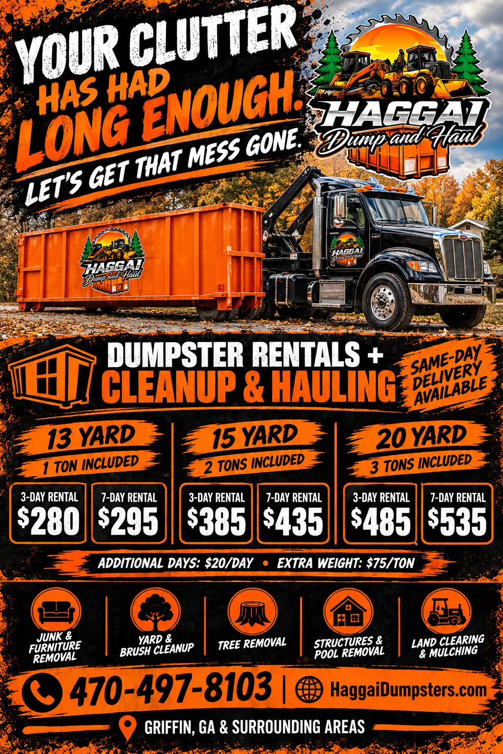 Storm cleanup from Haggai Dump and Haul in Griffin, GA: tree removal, debris removal, dumpster rentals and junk cleanouts after bad weather, call 470-497-8103